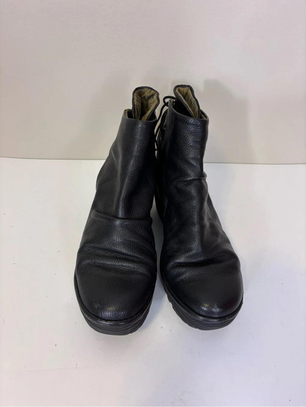 Fly London Black Leather Lace-Back Wedge Booties 38 = 7-7.5